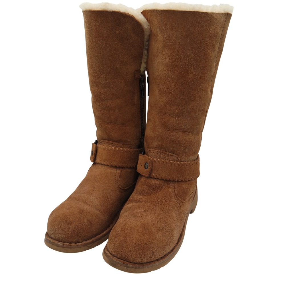 UGG Braiden Chestnut Suede Shearling Tall Buckle Boots Womens 5.5